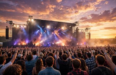 Crowd with raised hands at a music festival main stage glowing at sunset