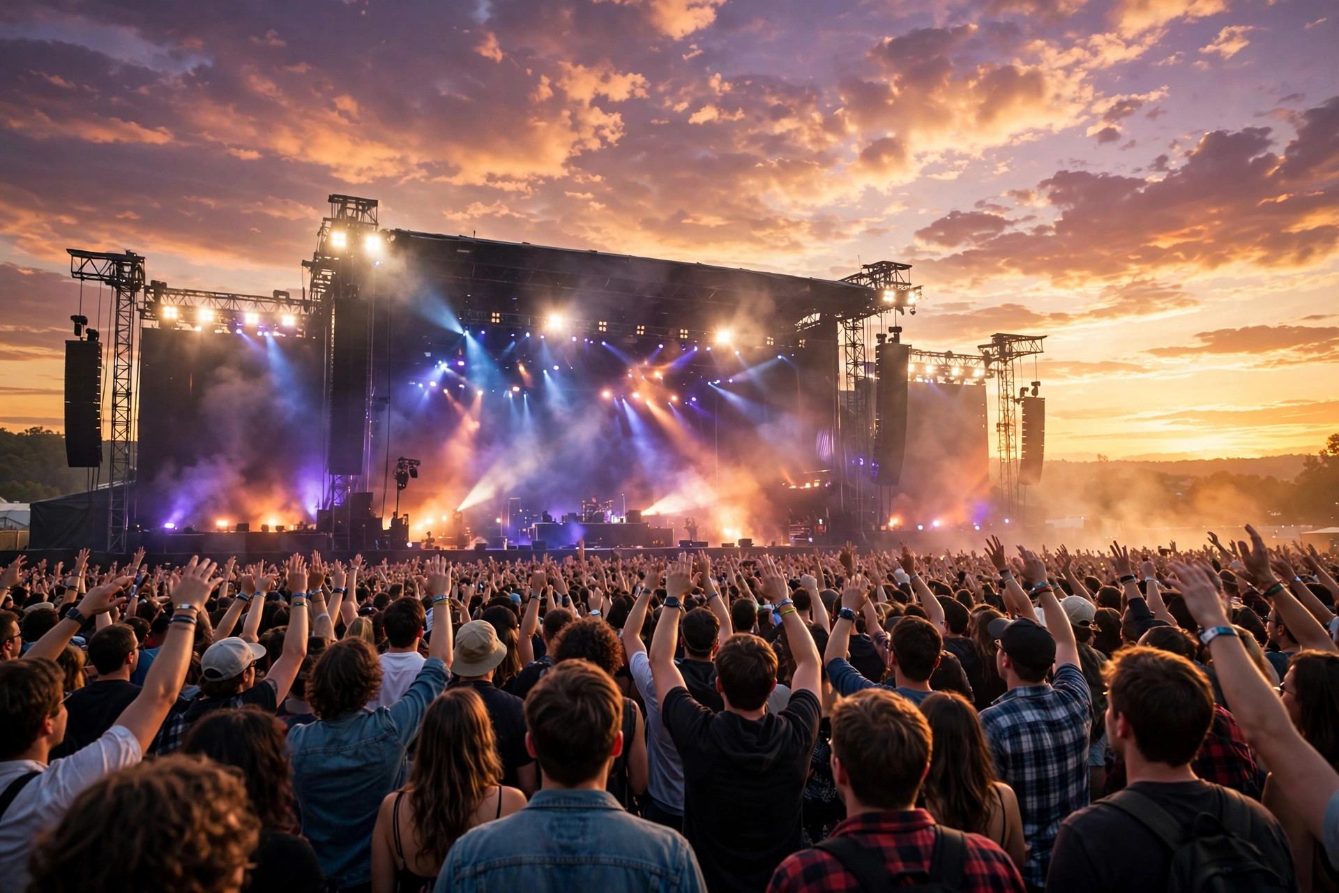 Crowd with raised hands at a music festival main stage glowing at sunset