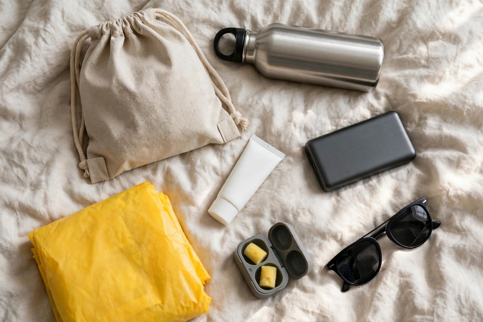 Flat-lay of festival survival essentials on a bed