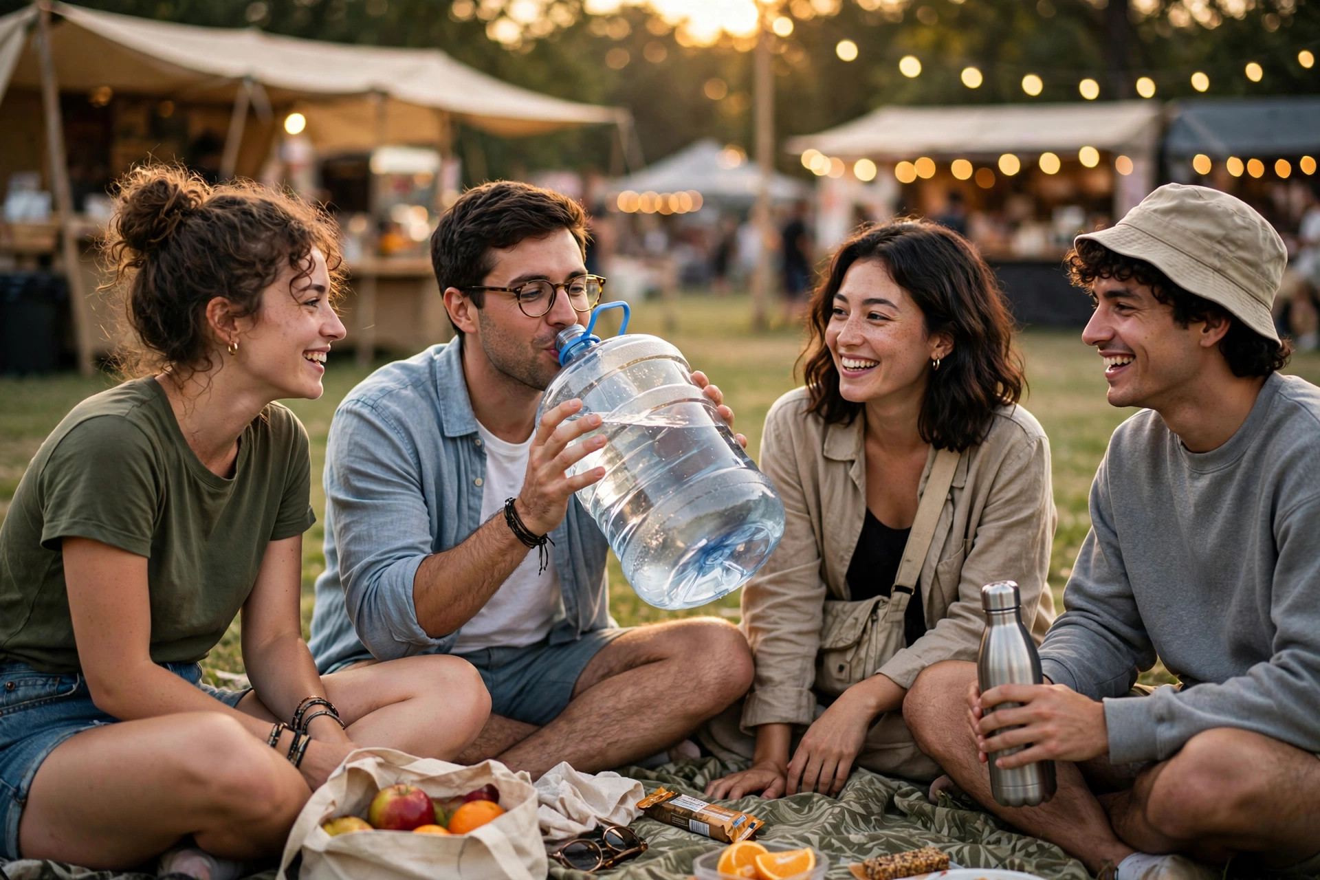Friends resting and drinking water on a festival lawn between sets