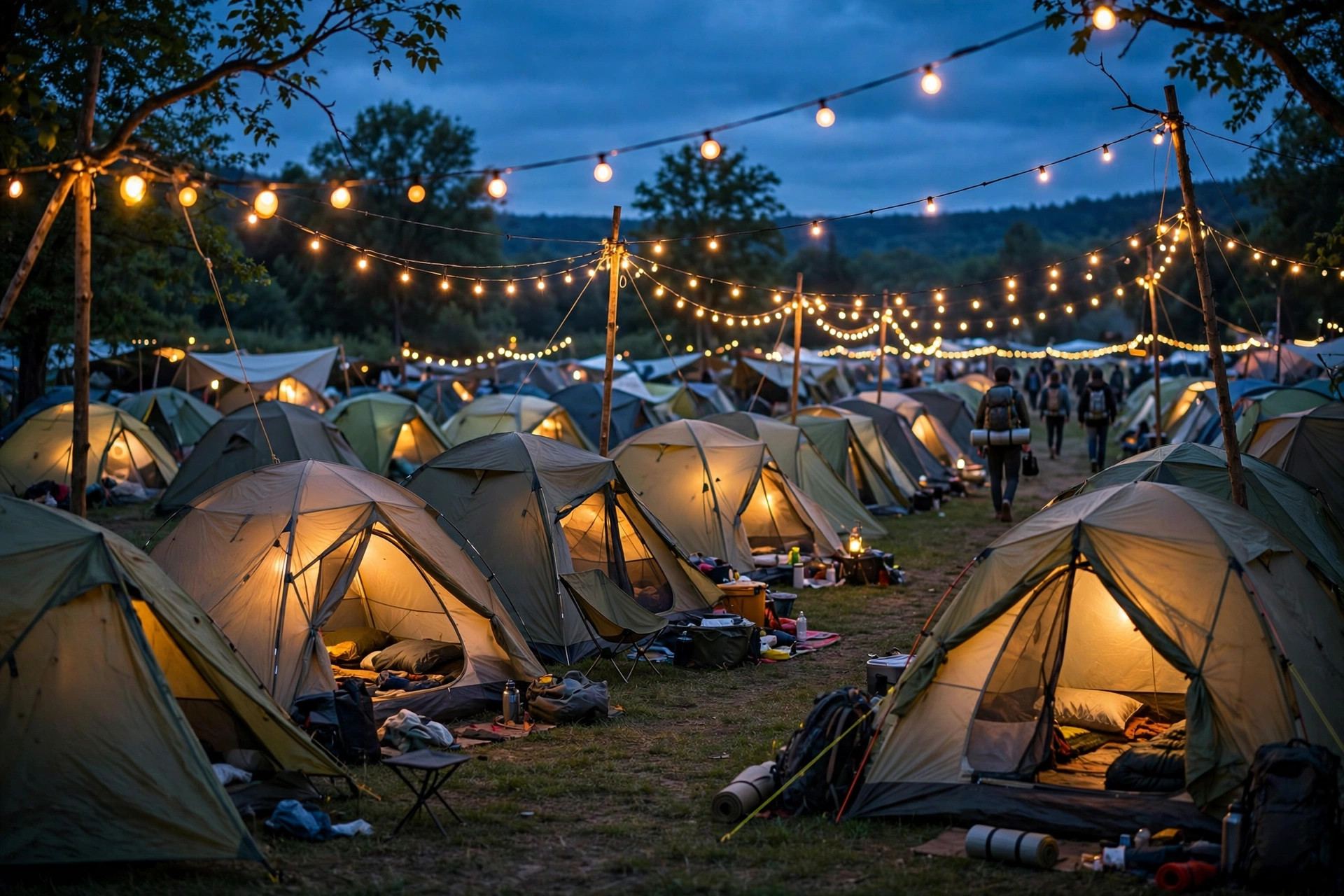 Festival campsite with glowing tents at dusk
