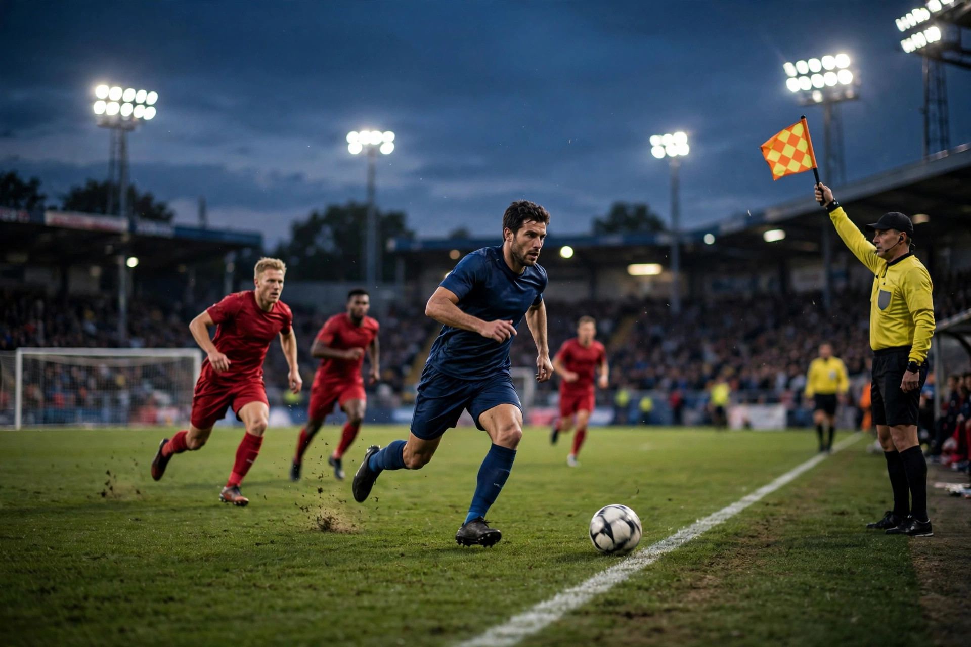 Striker caught in an offside position as the assistant referee raises the flag — offside rule soccer