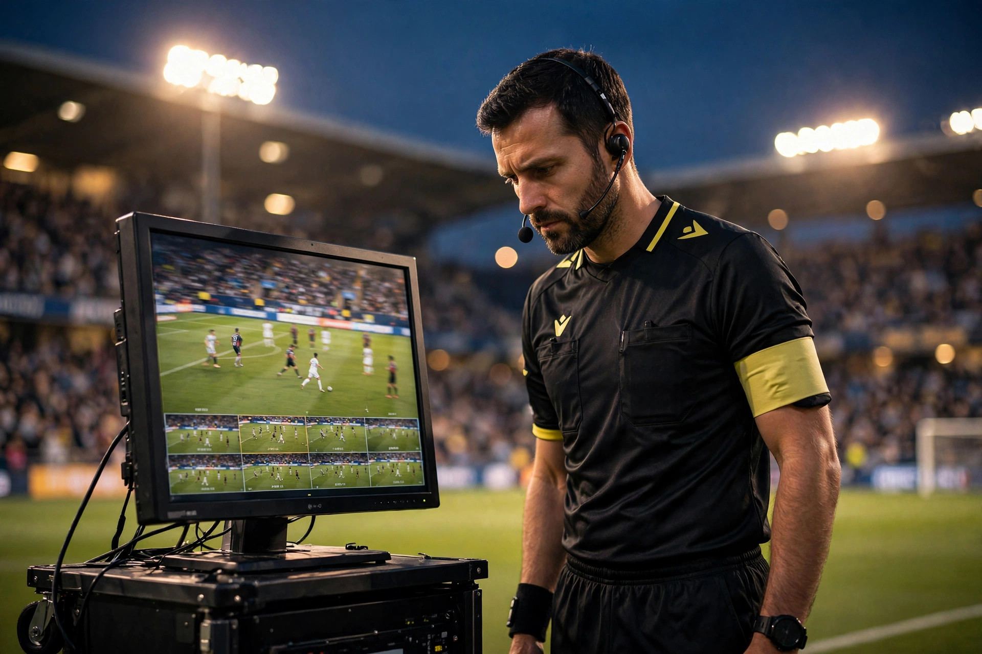 Referee reviewing an offside call on the VAR pitchside monitor