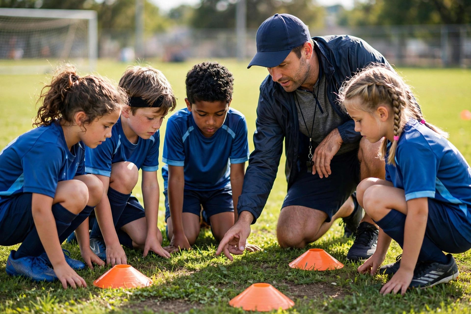 Youth coach explaining offside positioning to young soccer players