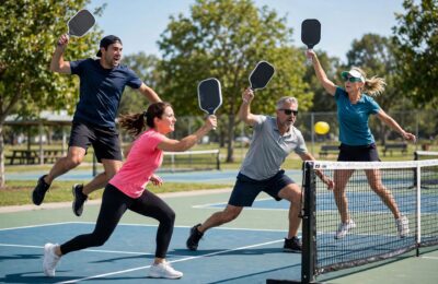 Doubles pickleball game in action — pickleball rules beginner's guide