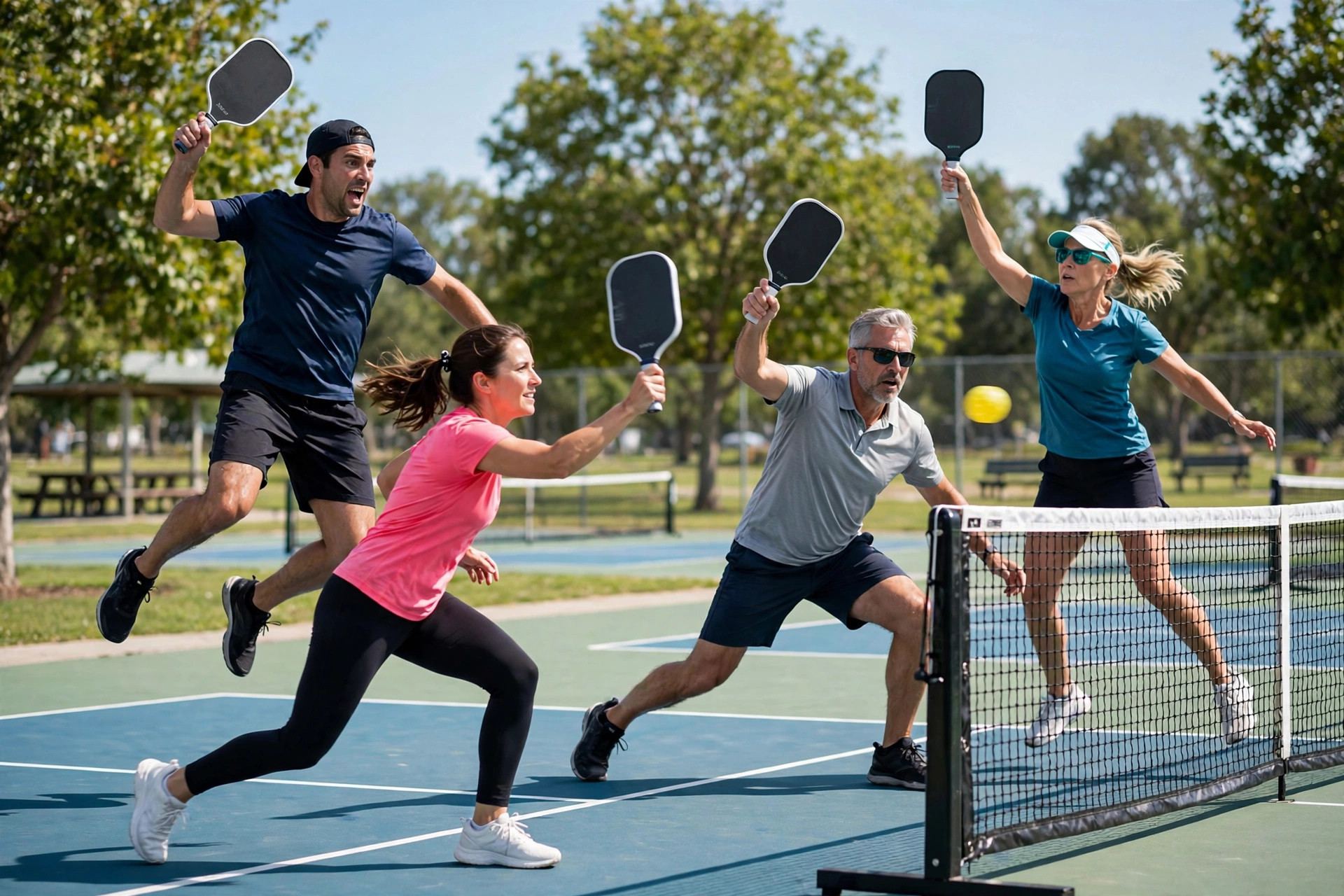 Doubles pickleball game in action — pickleball rules beginner's guide