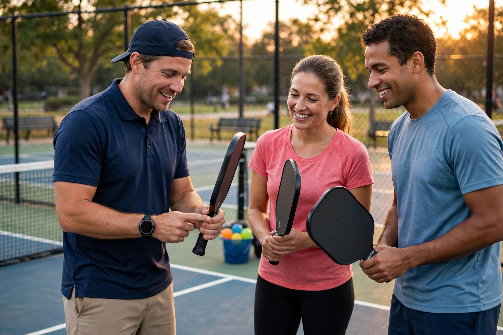 Beginner players learning pickleball rules on a community court