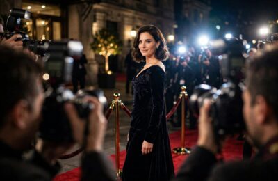 Celebrity posing on a red carpet before camera flashes at a premiere event