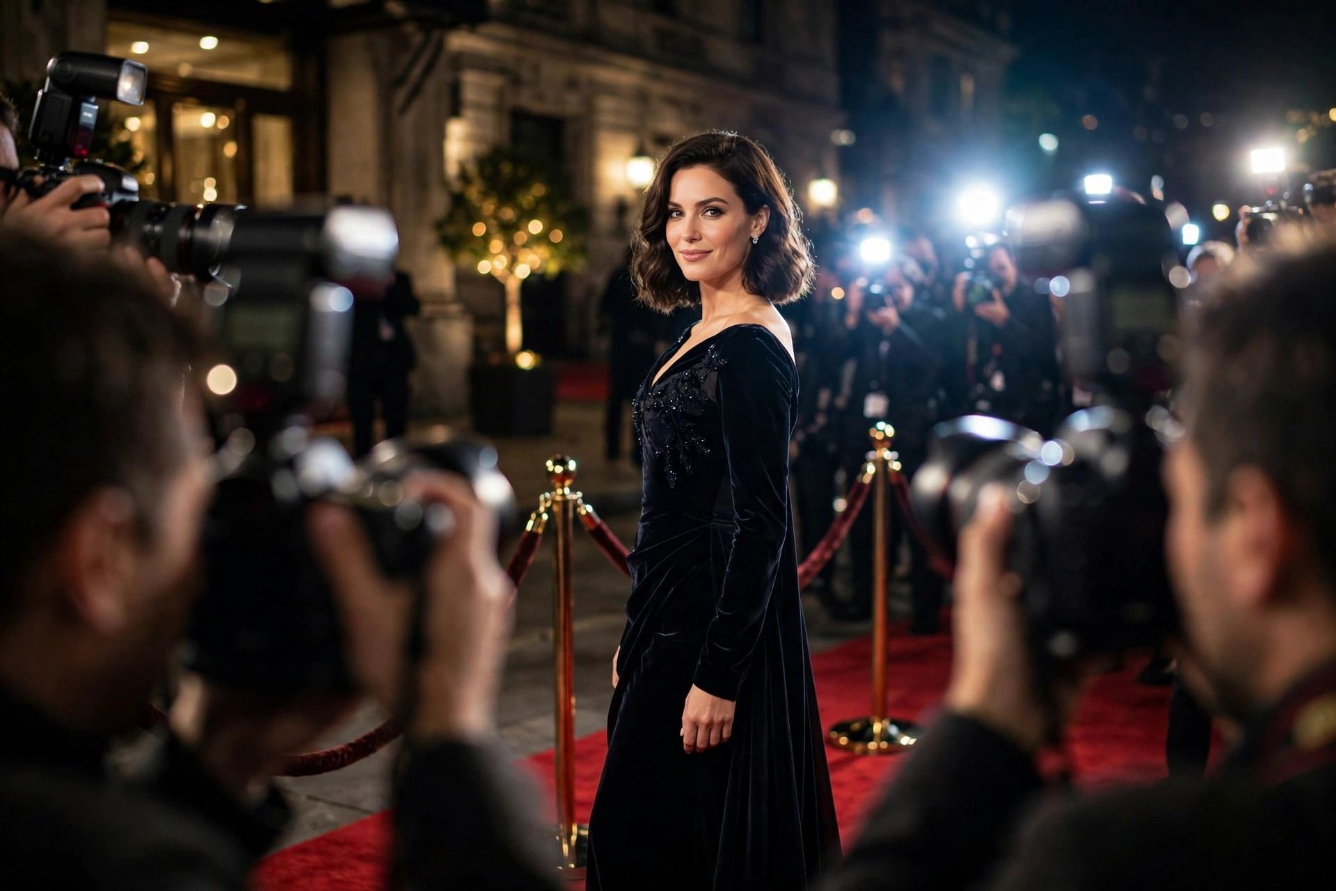 Celebrity posing on a red carpet before camera flashes
