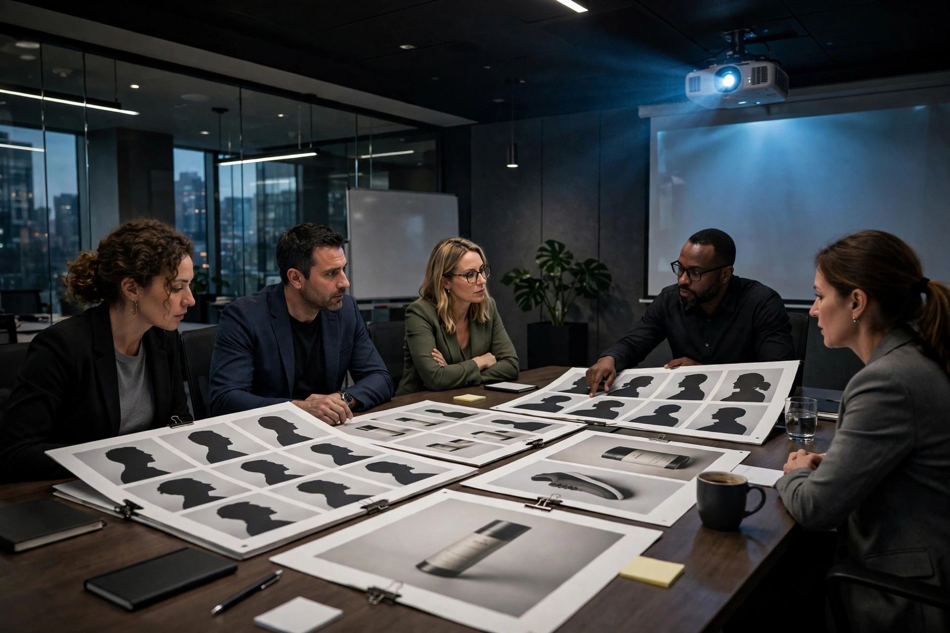 Marketing executives reviewing campaign mockup boards in a boardroom