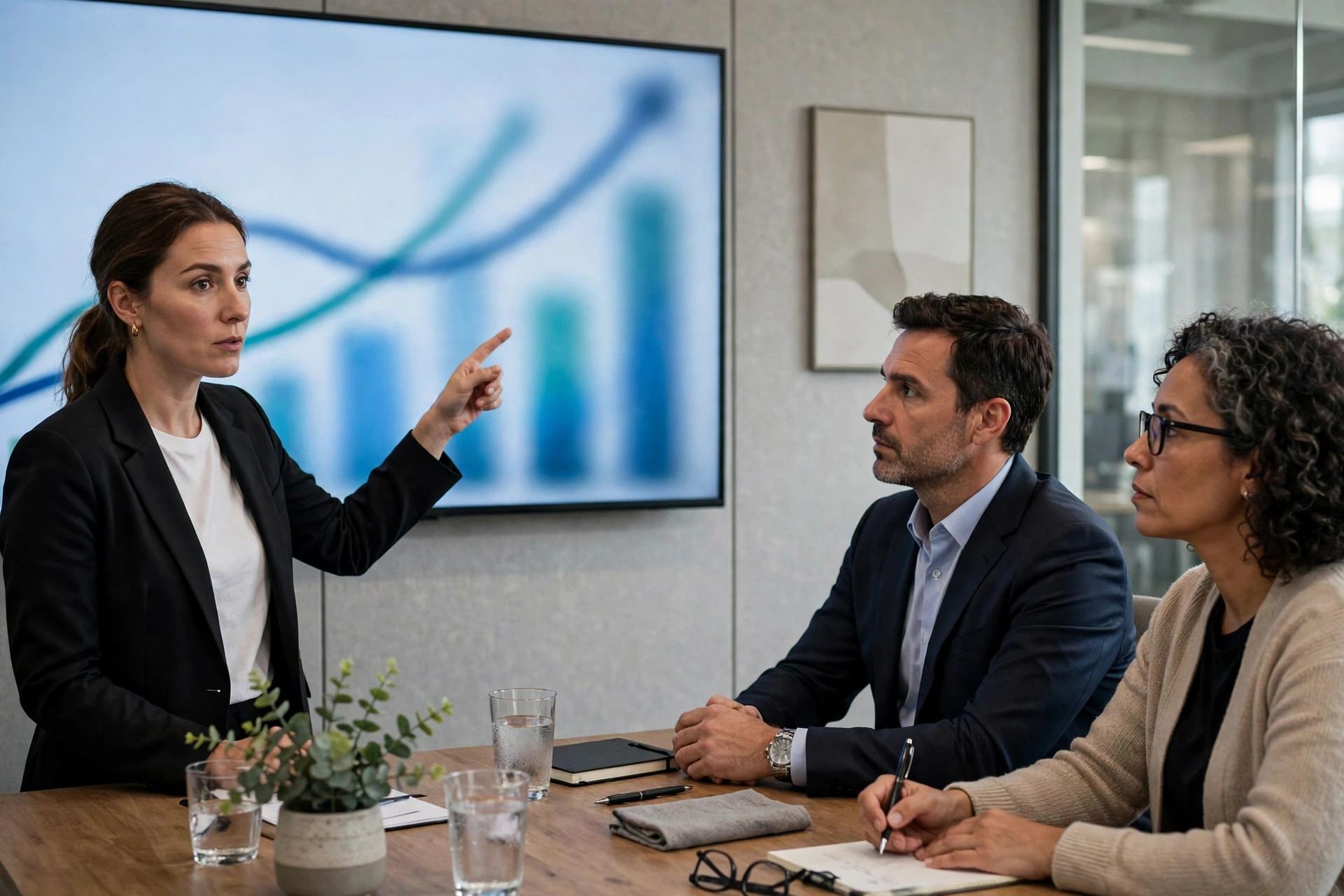 Startup funding reality: founder presenting growth charts to investors in a small conference room