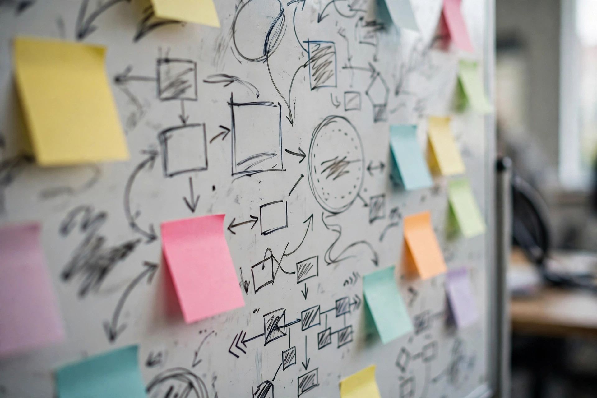 Startup stages: whiteboard covered with product roadmap sketches and sticky notes in a startup office