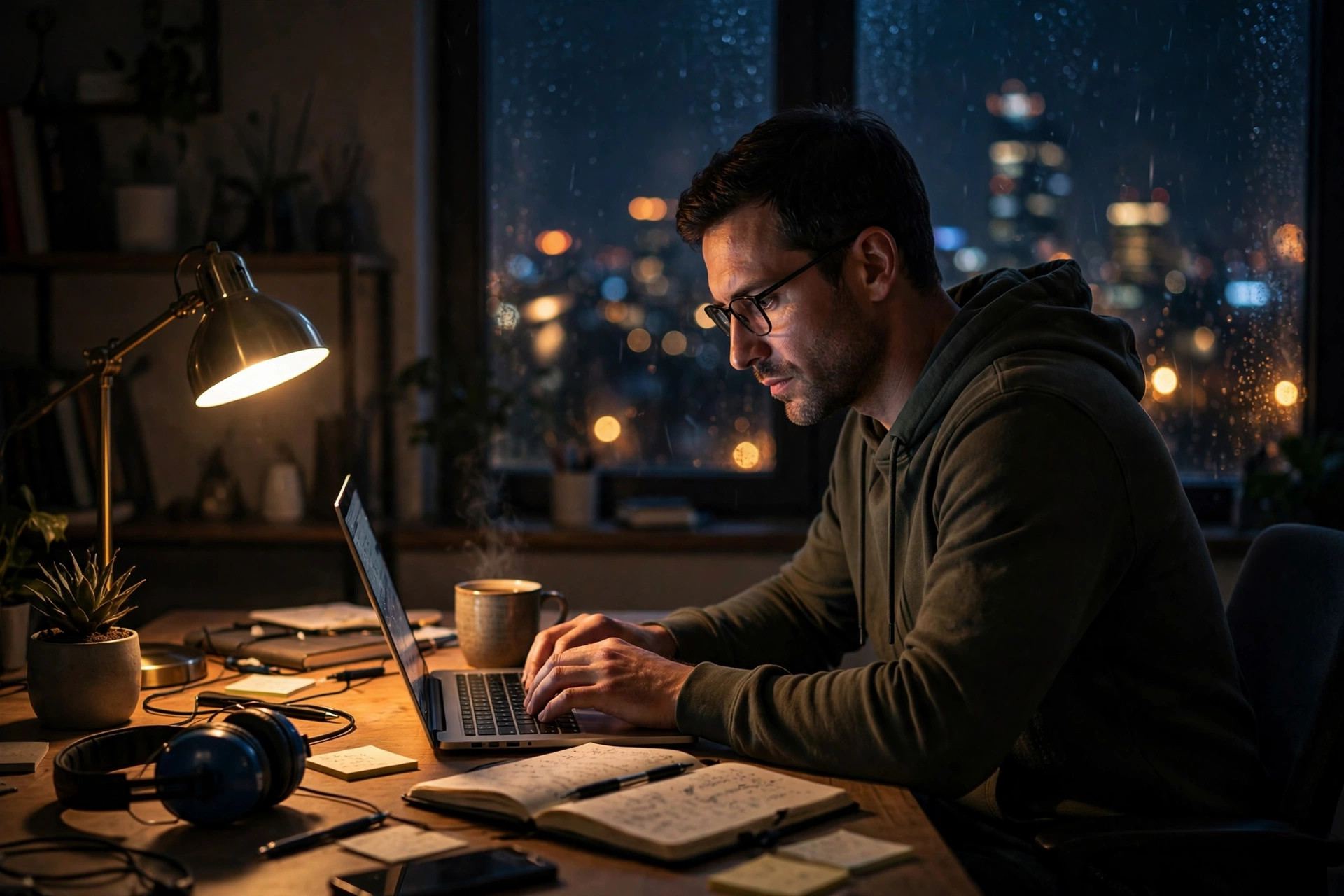 Founder reality: entrepreneur working late at night on a laptop in a dimly lit home office
