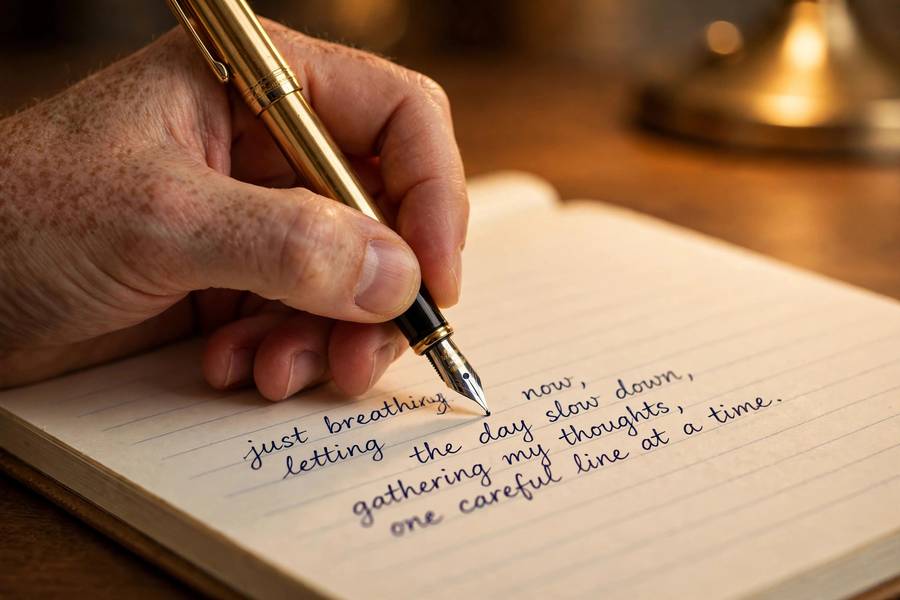 Close-up of neat handwriting being written with a fountain pen to show how to improve handwriting