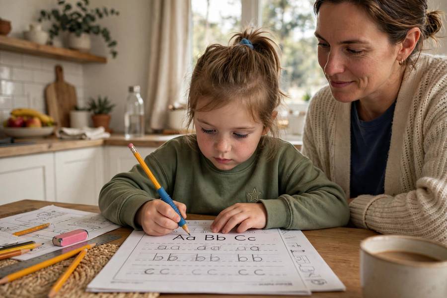 Child practicing handwriting drills at home with correct pencil grip