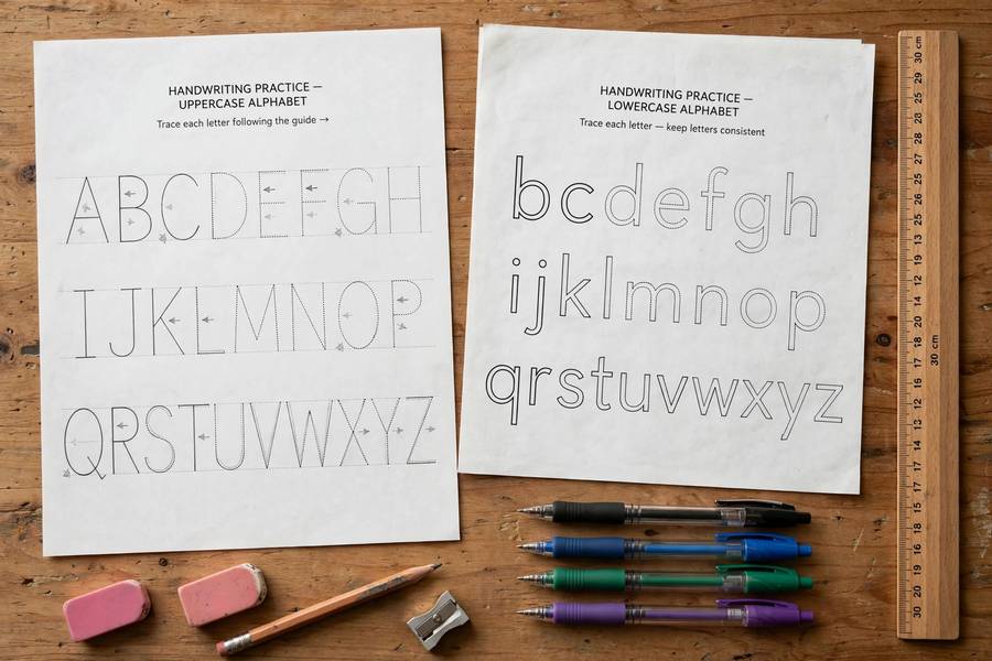 Handwriting practice sheets and tools arranged for daily drills