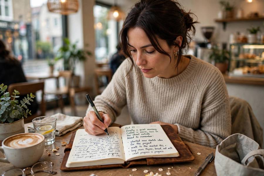 Adult journaling with improved handwriting in a cafe notebook