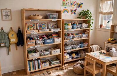 Organized in-home daycare playroom with labeled shelves