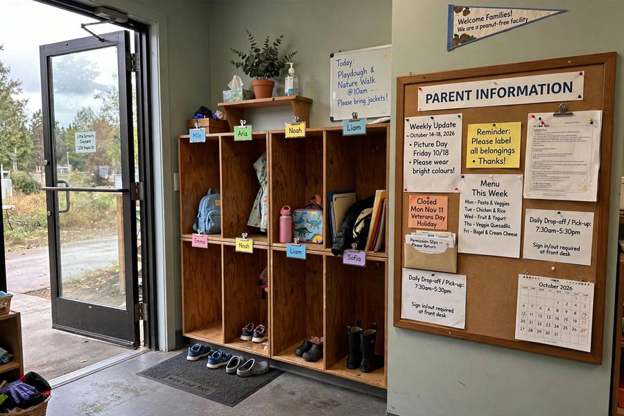Welcoming entryway with cubbies in home daycare setup