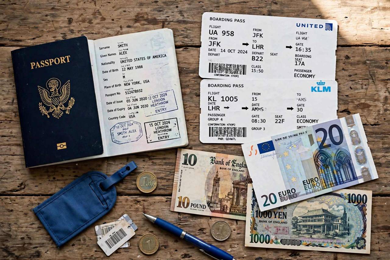Passport boarding passes and foreign currency laid out for international travel