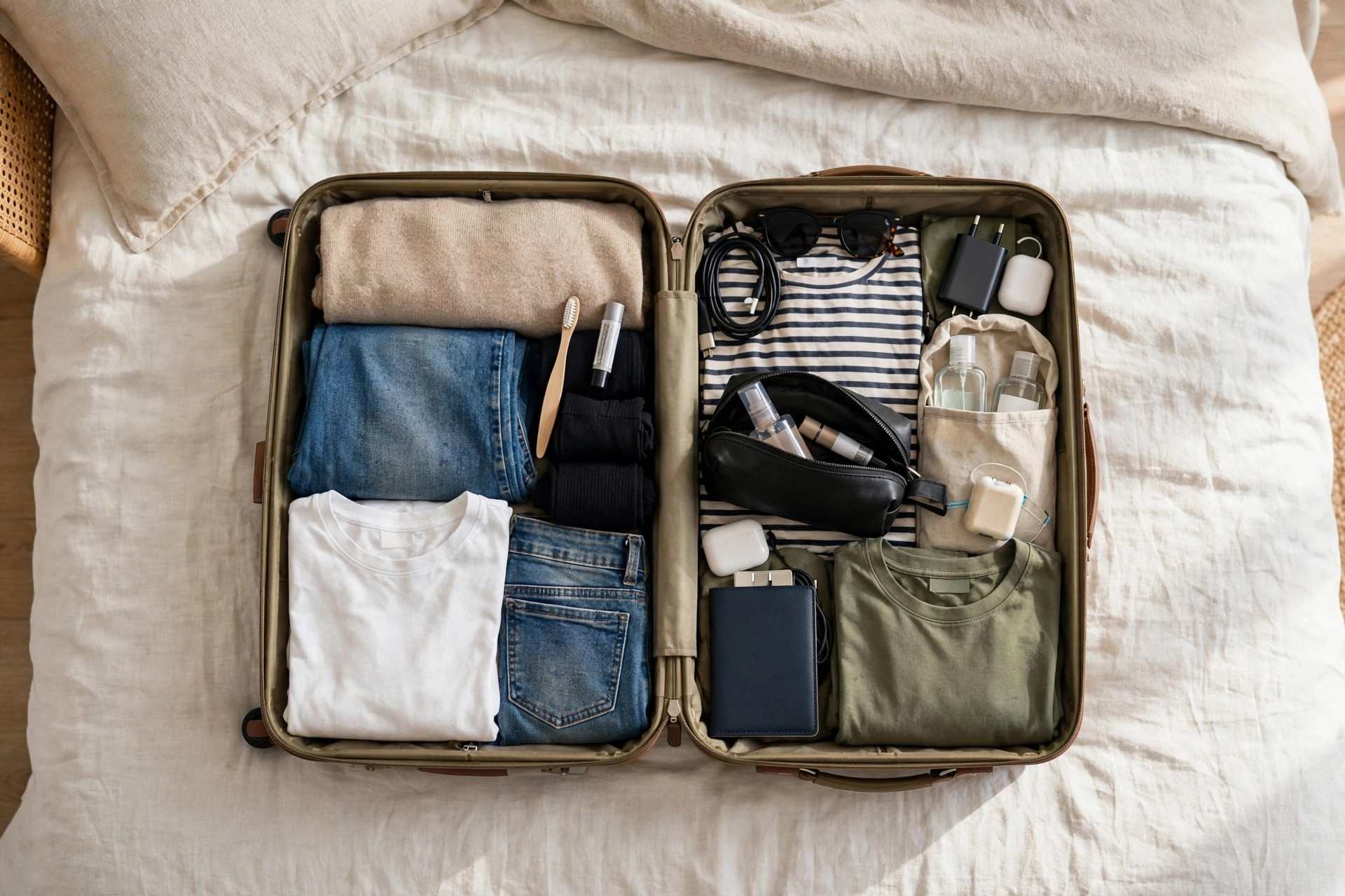 Open suitcase packed neatly with clothes and travel accessories