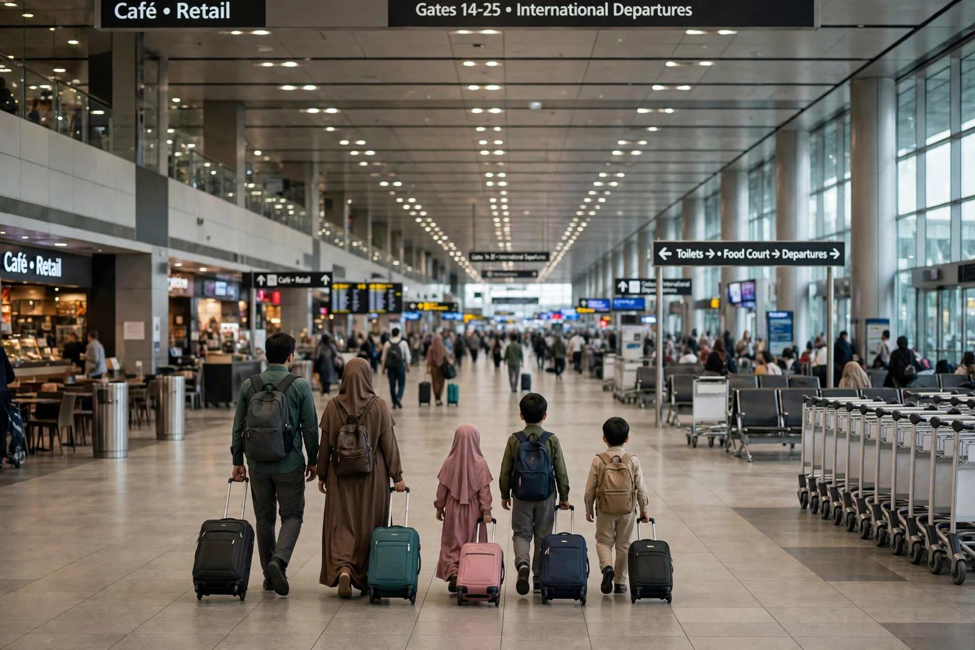 Family with kids walking through an international airport terminal with luggage