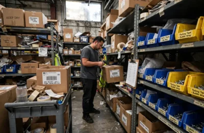 Worker scanning stock boxes in a small business warehouse - inventory management in action