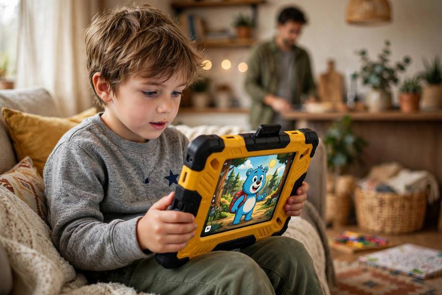 Child using a tablet in a kid-proof case at home