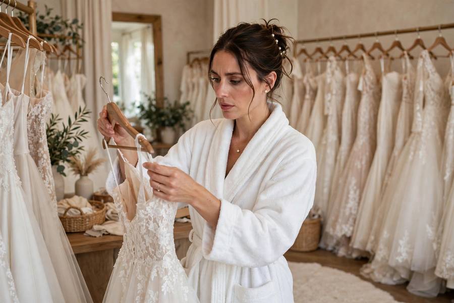 Bride trying dresses on rush timeline