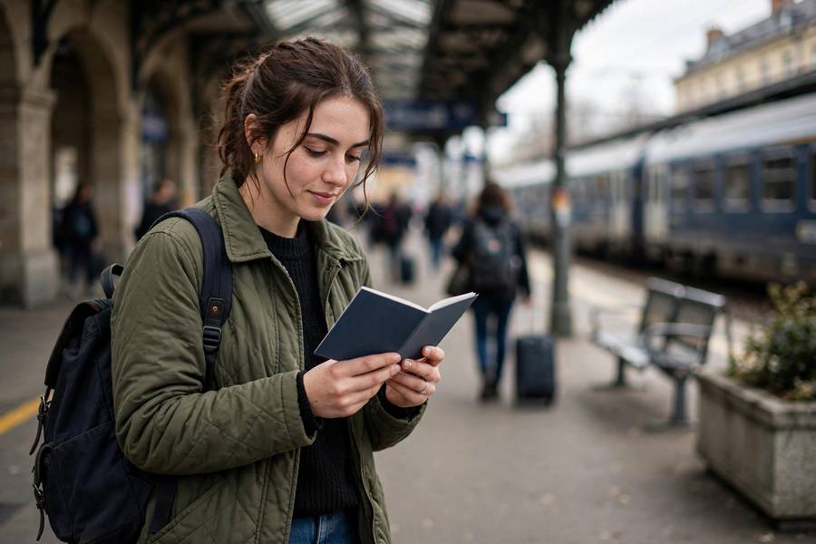 Traveler with Eurail pass at train station platform