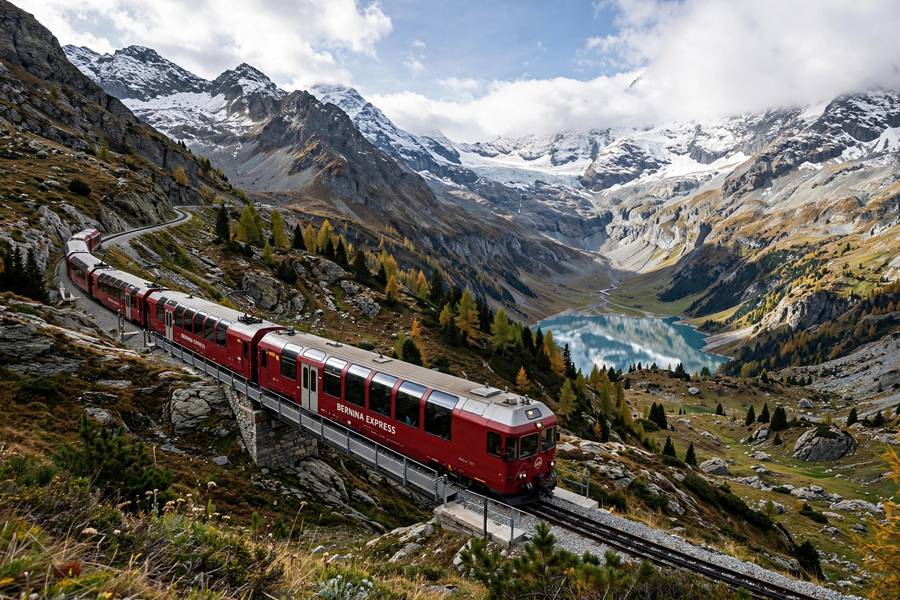 Scenic Bernina Express train through Swiss Alps