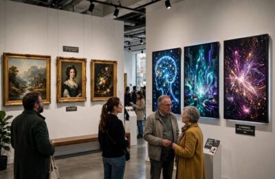 Gallery mixing classical and AI artworks, central to the is AI art real art debate explained