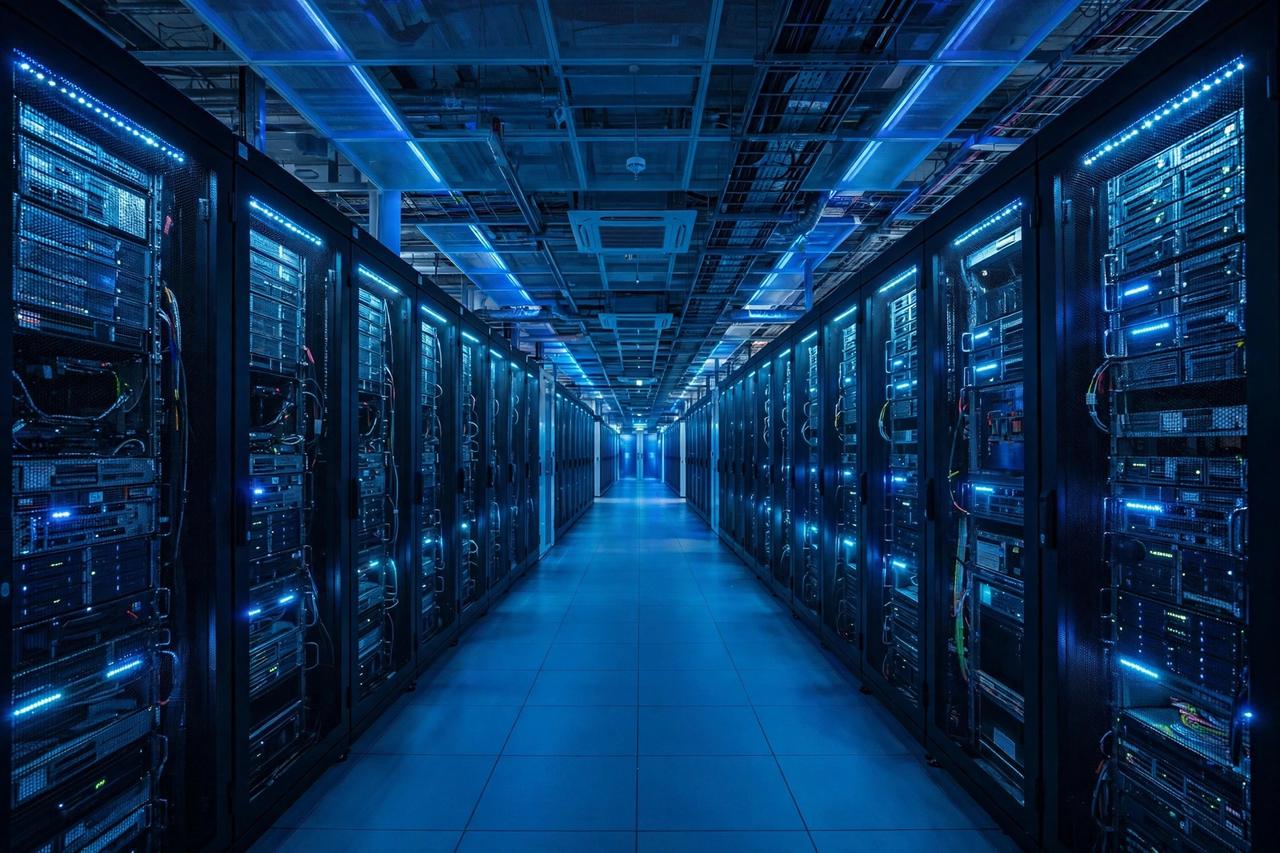 A modern data center with rows of servers powering AI infrastructure