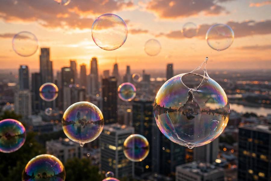 Is AI in a bubble right now — soap bubbles over a skyline symbolizing market froth