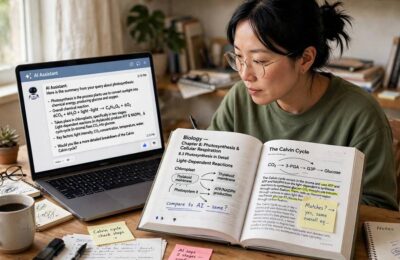 Person fact-checking an AI search answer against a reference book