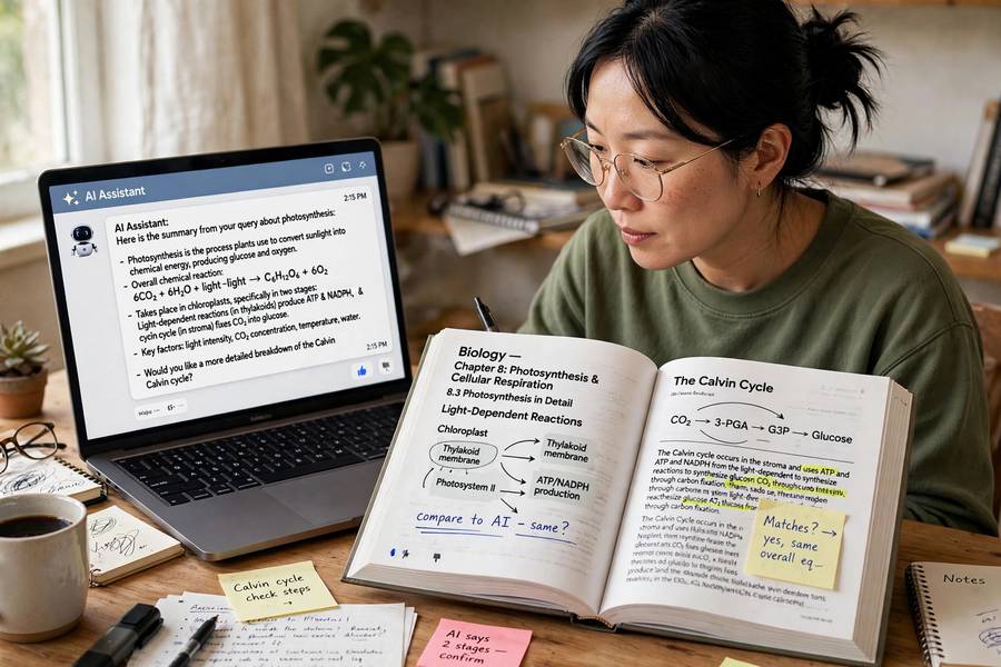 Person fact-checking an AI search answer against a reference book