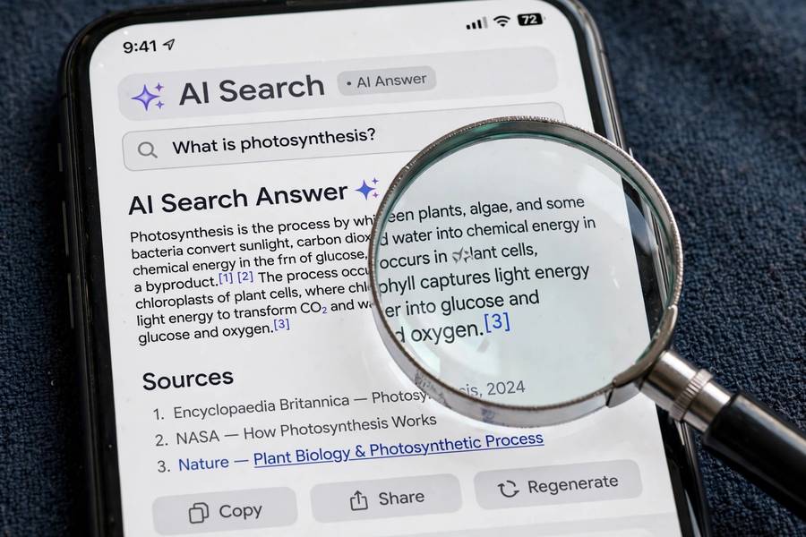 AI search answer with citations being examined with a magnifying glass