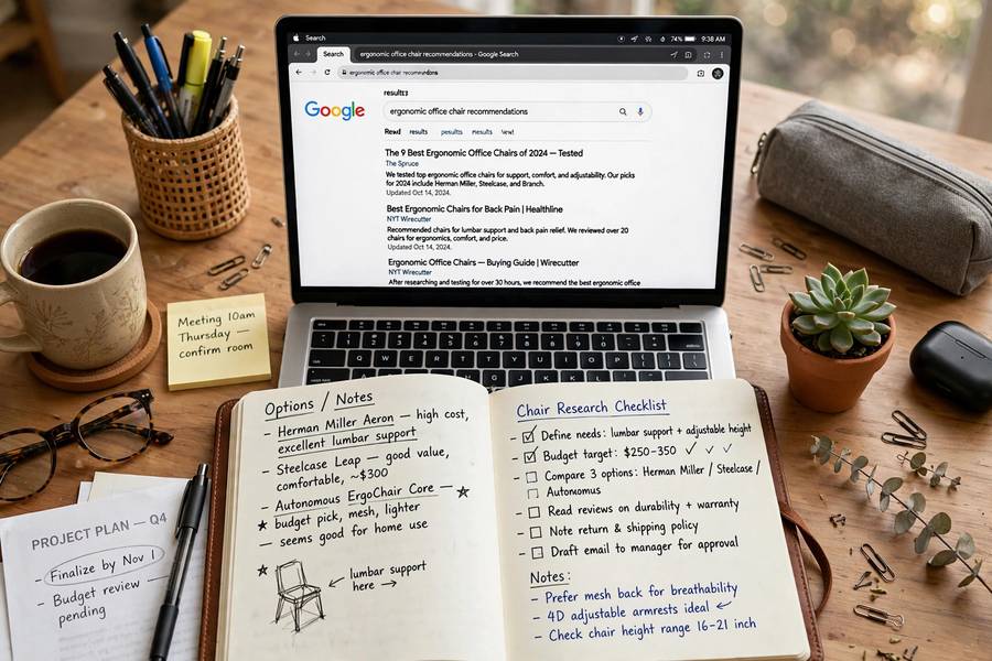 Notebook with a verification checklist next to AI search results on a laptop
