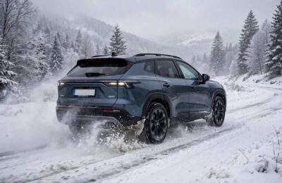 AWD crossover driving through snow, illustrating whether AWD is better than 4WD in snow