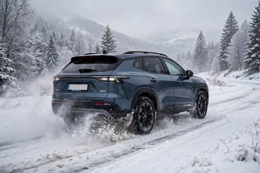 AWD crossover driving through snow, illustrating whether AWD is better than 4WD in snow