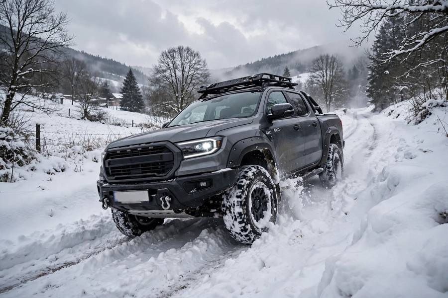 4WD pickup truck pushing through deep snow on an unplowed road