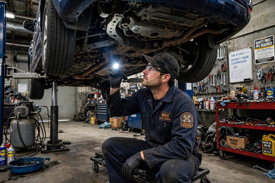 Mechanic inspecting an SUV drivetrain on a lift in a garage