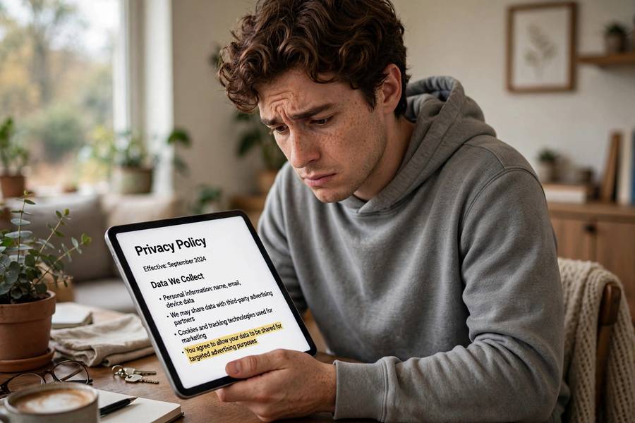 A person reading privacy terms on a tablet