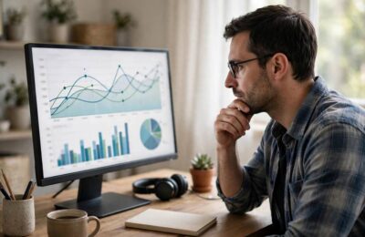 Business owner analyzing dropshipping profit charts on a monitor