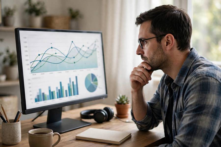 Business owner analyzing dropshipping profit charts on a monitor