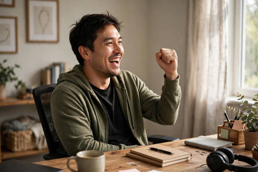Entrepreneur celebrating successful online sales in a home office