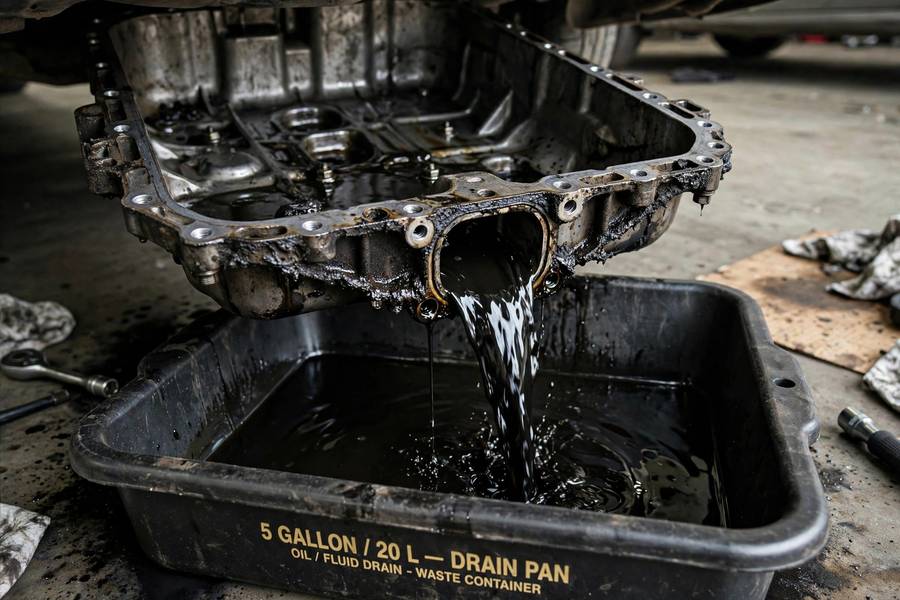 Very dark old transmission fluid draining during a service