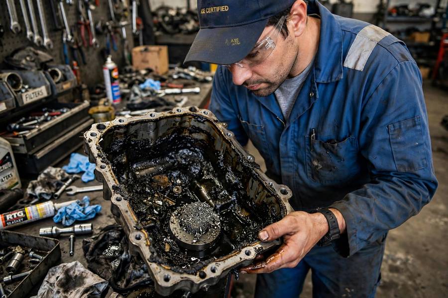 Mechanic examining a transmission pan with sludge and debris on the magnet