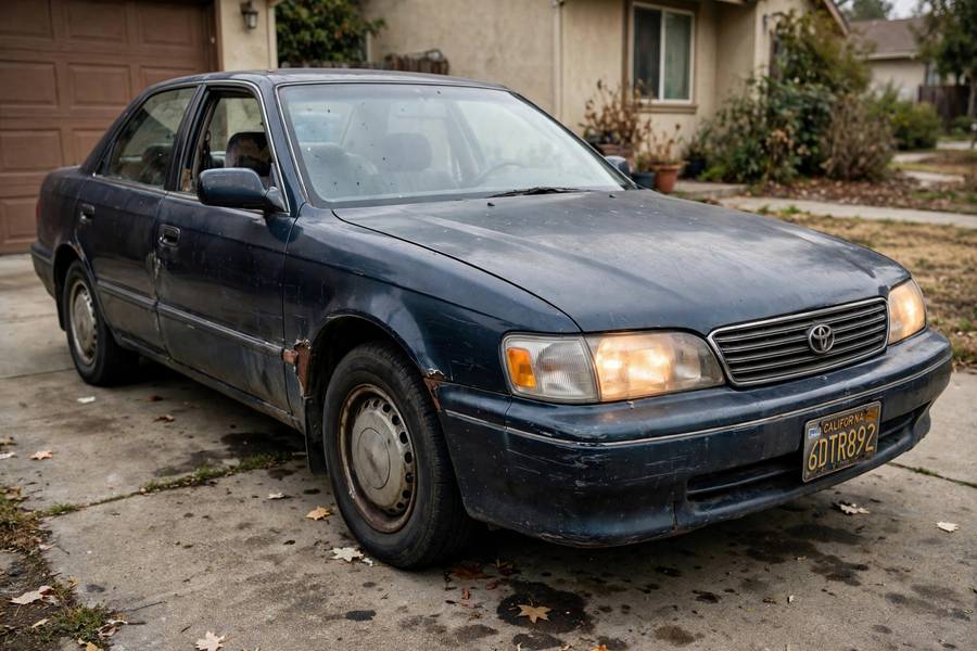 Older high-mileage sedan parked in a driveway