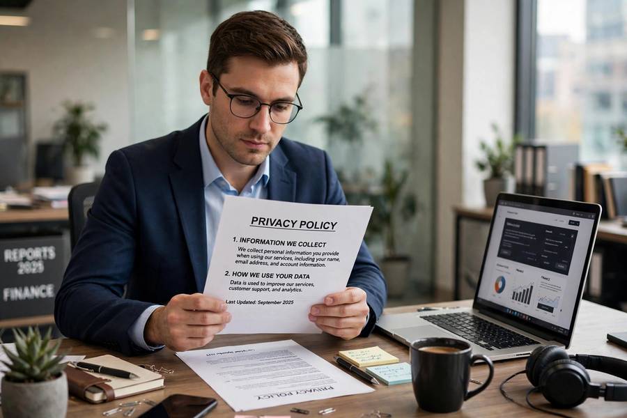 Professional reviewing an AI tool privacy policy before entering work data